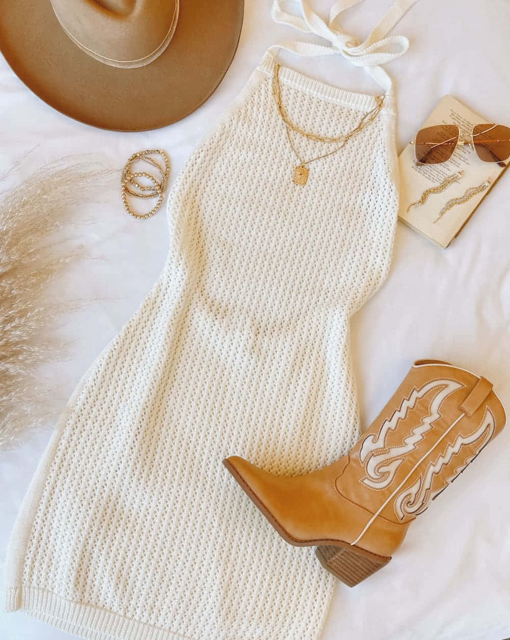 cream knit halter dress, tan cowboy boots, sunglasses, SD Phone Wallpaper