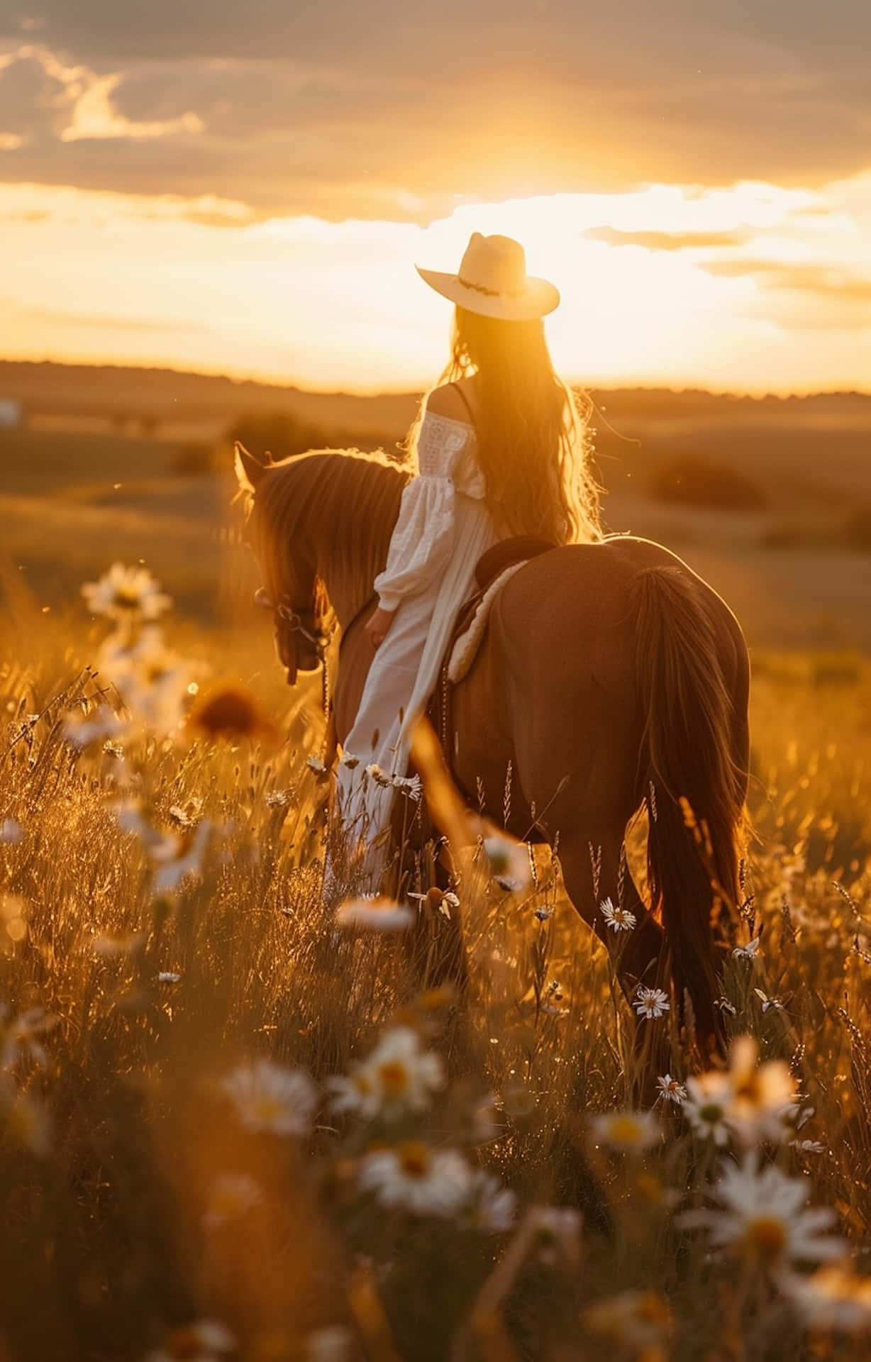 Sunset, cowgirl, horseback, Full HD Phone Wallpaper