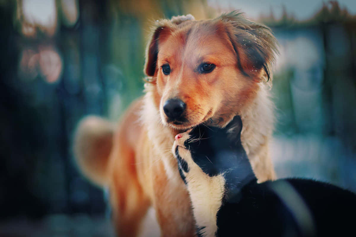 golden dog, black and white cat, outdoor setting, SD Desktop Wallpaper