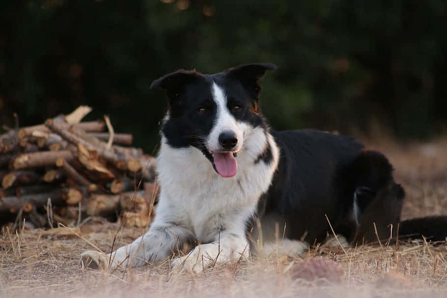 border collie, black and white, dry grass, SD Desktop Wallpaper