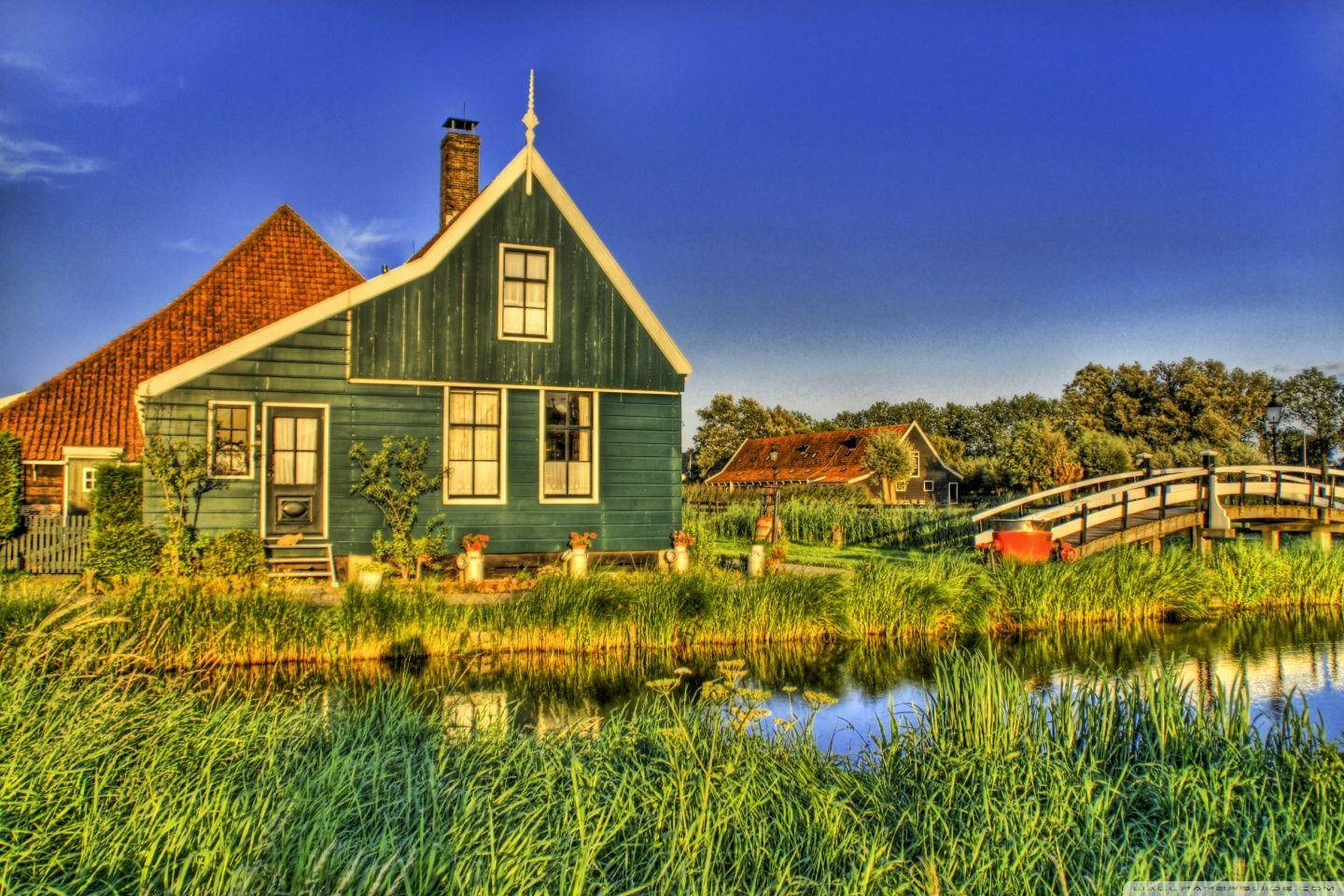 Dutch farmhouse, red roof, calm canal, HD Desktop Wallpaper