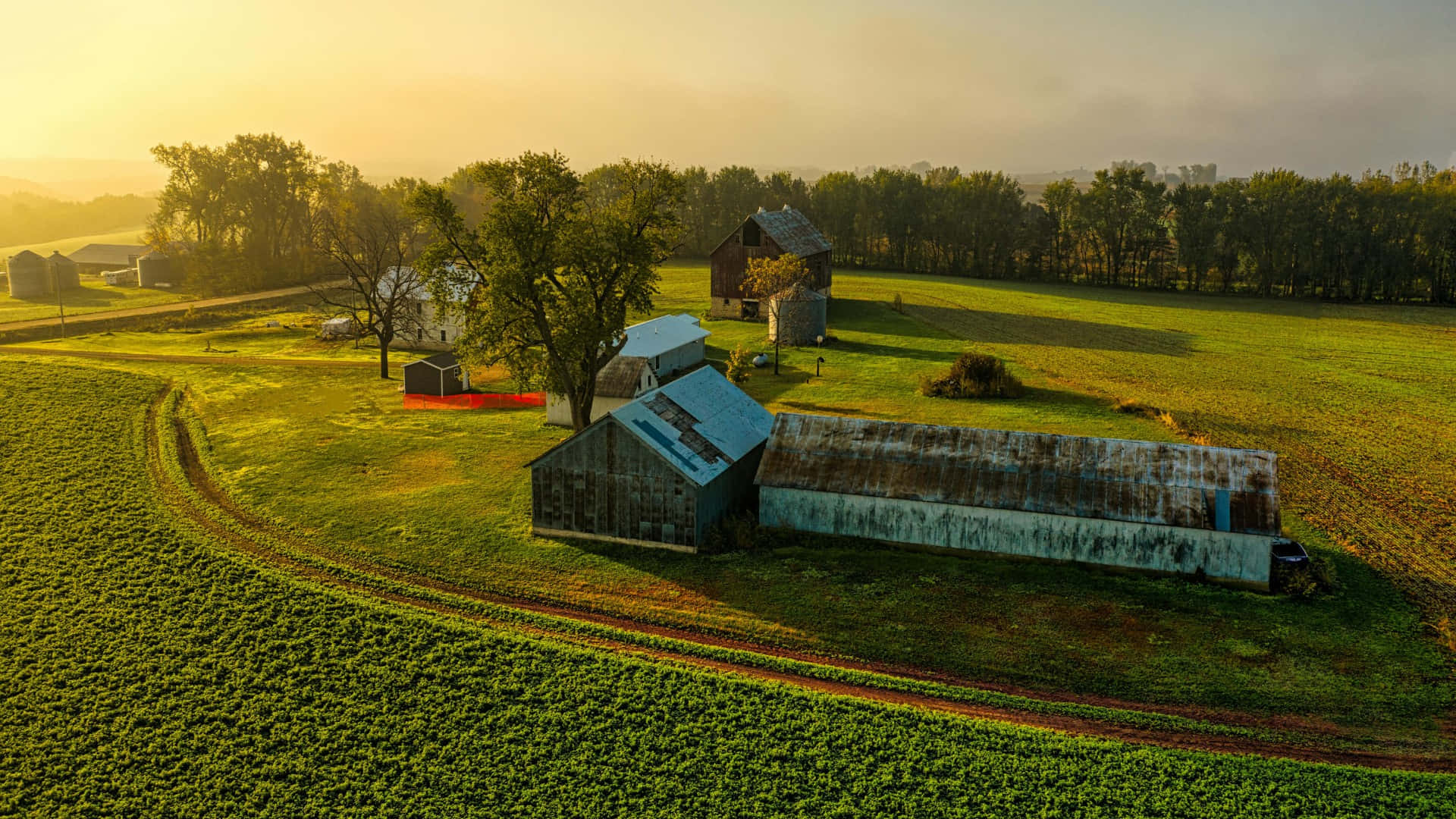 Country Farm, sunrise, aerial view, Full HD Desktop Wallpaper