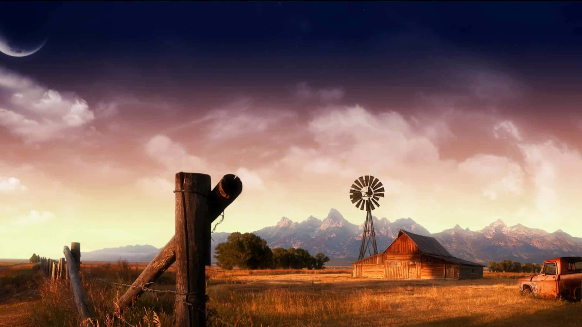 Country Farm, golden field, rustic wooden fence, Full HD Desktop Wallpaper