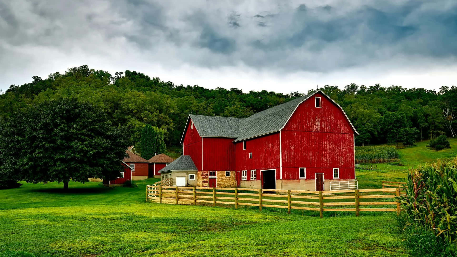 country farm, red barn, white trim, Full HD Desktop Wallpaper