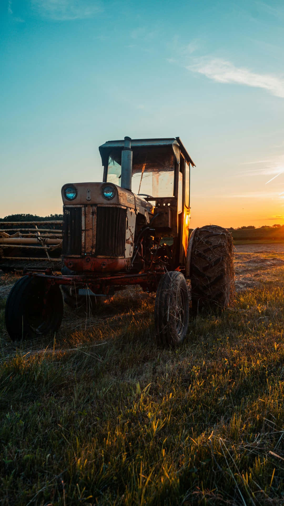 rustic tractor, sunset, grassy field, Full HD Phone Wallpaper