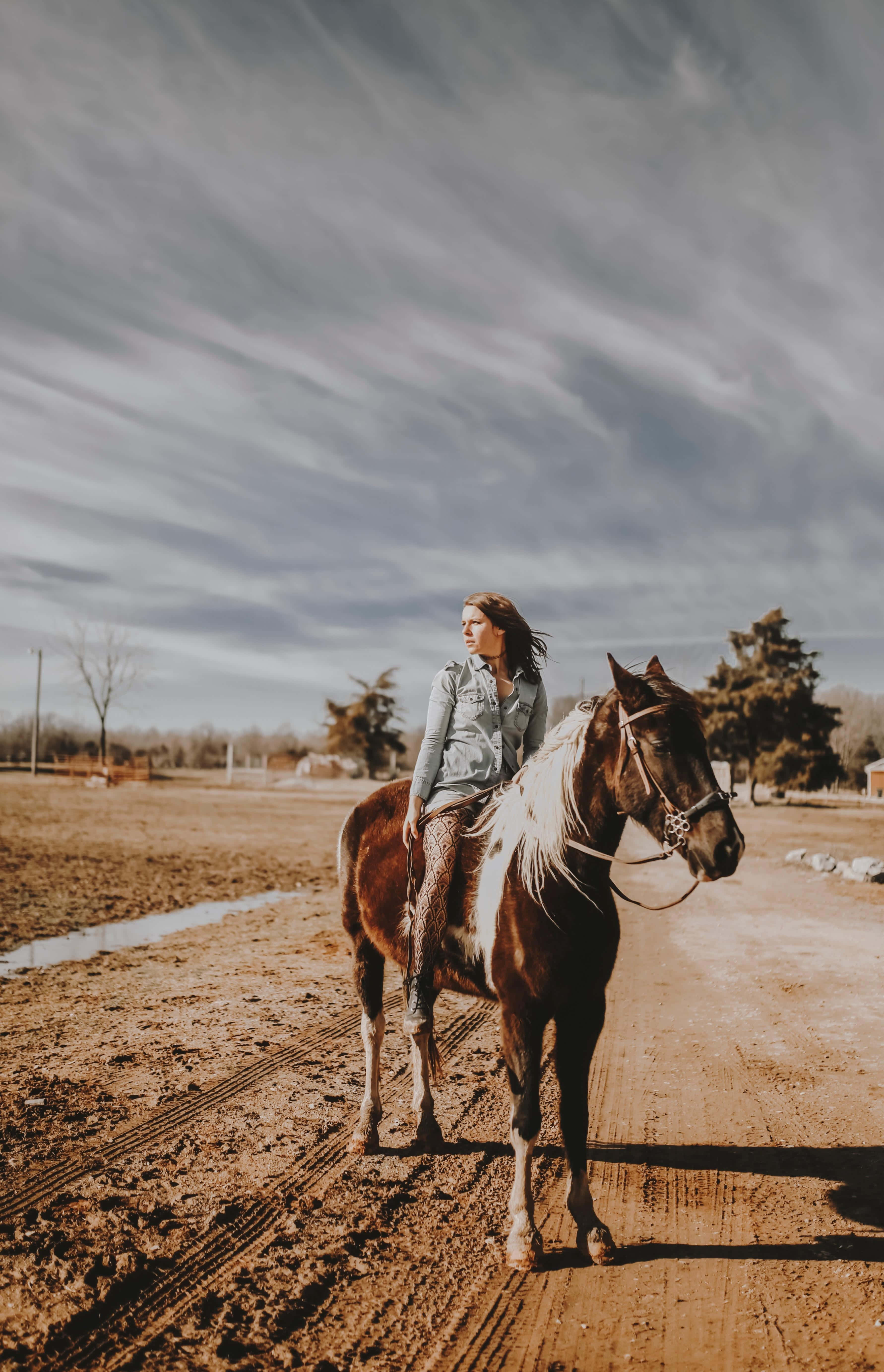 Country Girl Horseback Ride, denim shirt, brown and white horse, 5K Phone Wallpaper