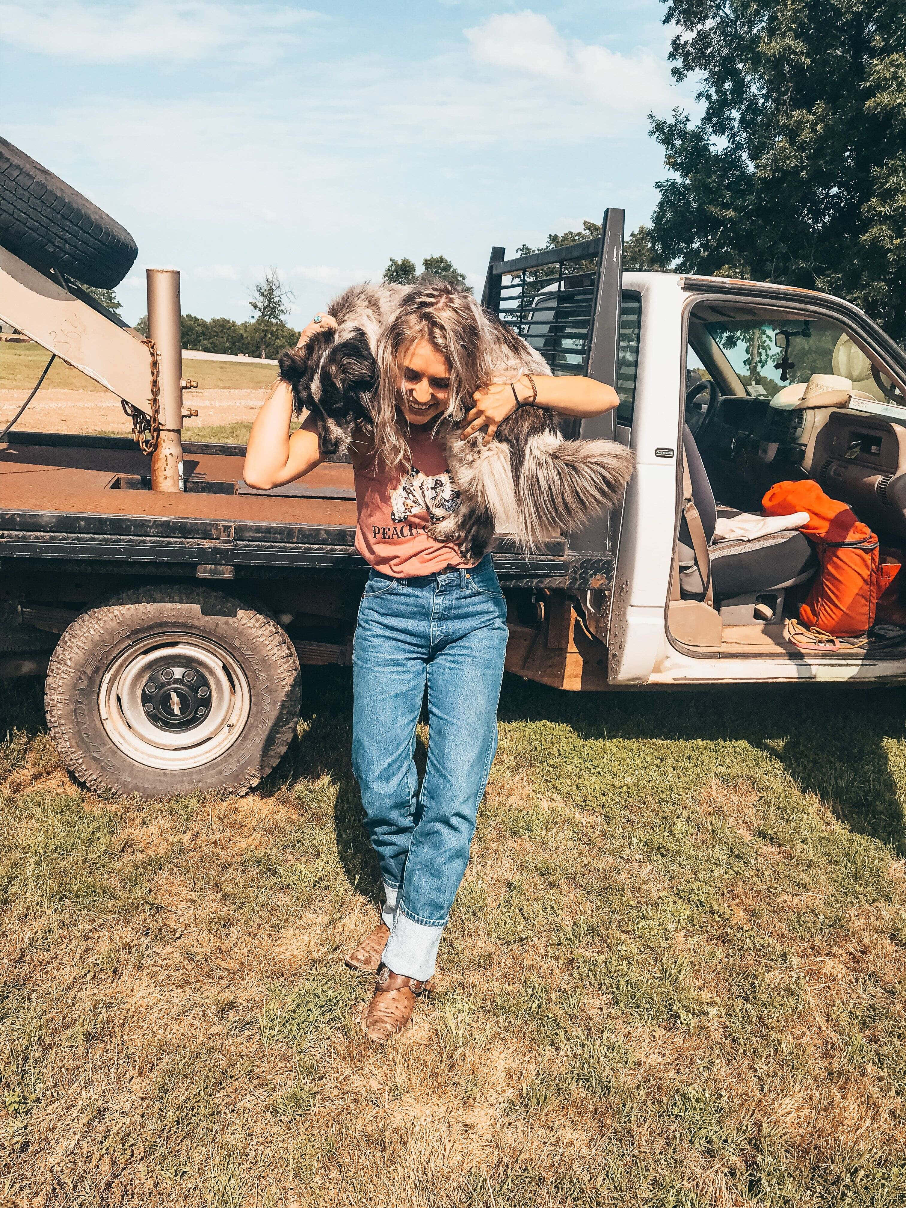 Country Girl Aesthetic, white pickup truck, large fluffy dog, 4K Phone Wallpaper
