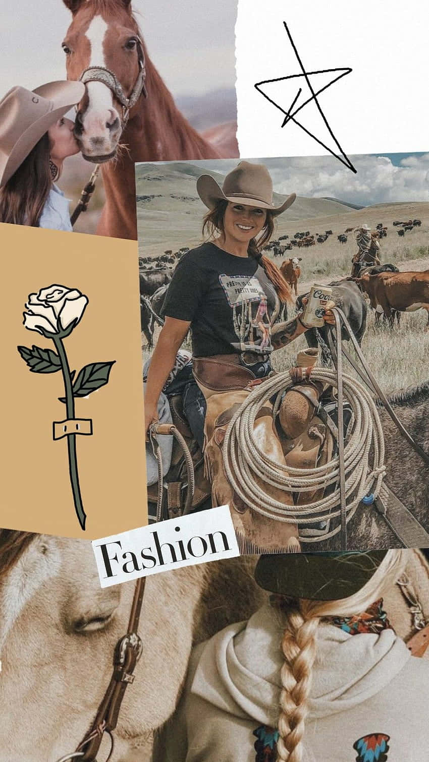 Country Girl Fashion Collage, cowboy imagery, woman kissing a horse, HD Phone Wallpaper