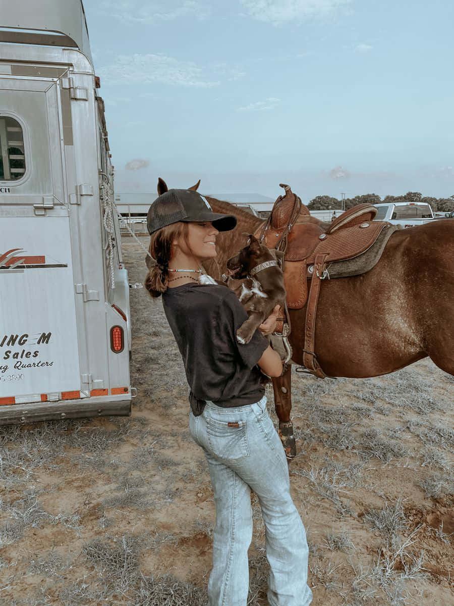 Country Girl Horseand Dog Bonding, brown horse, white horse trailer, SD Phone Wallpaper