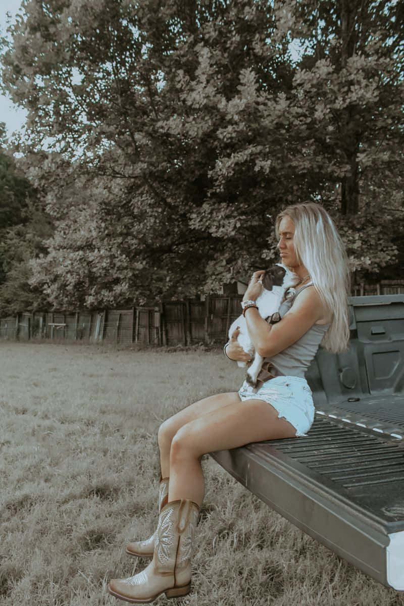 Country Girland Puppy Moment, blonde woman, cowboy boots, SD Phone Wallpaper