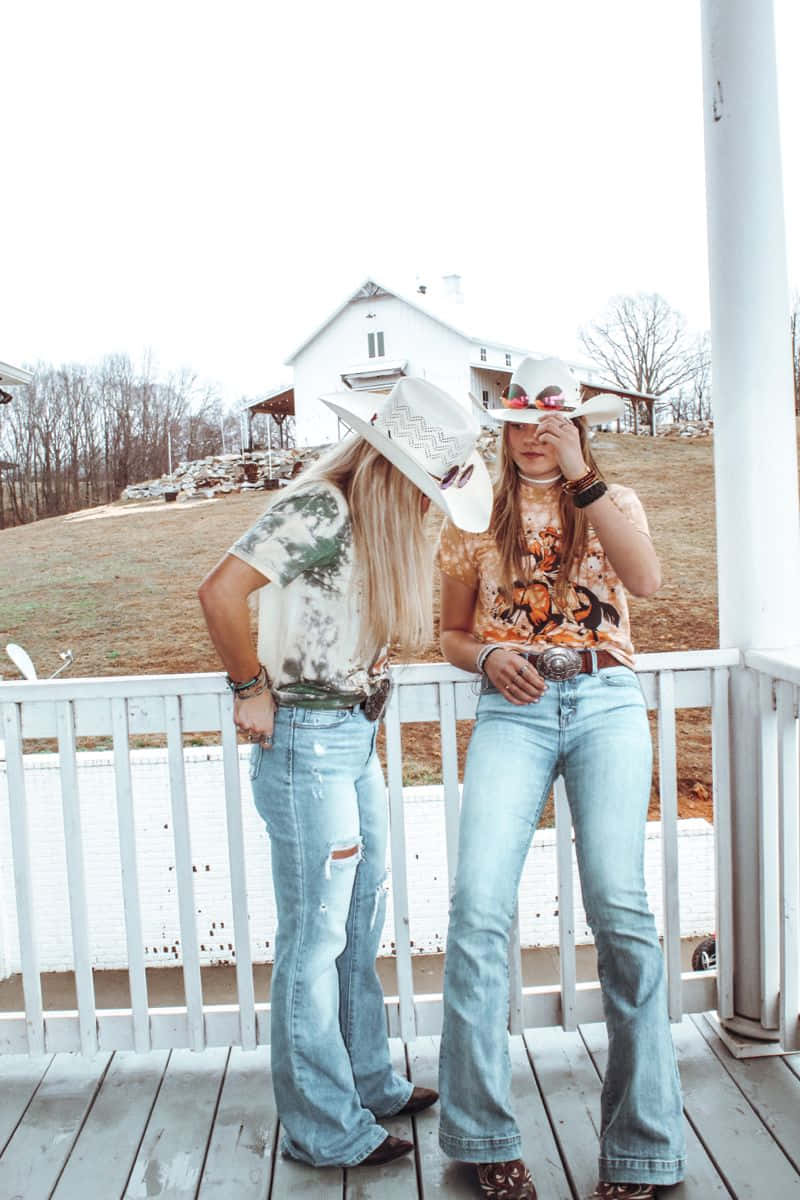 Country Girls Porch Style, cowboy hats, flared jeans, SD Phone Wallpaper
