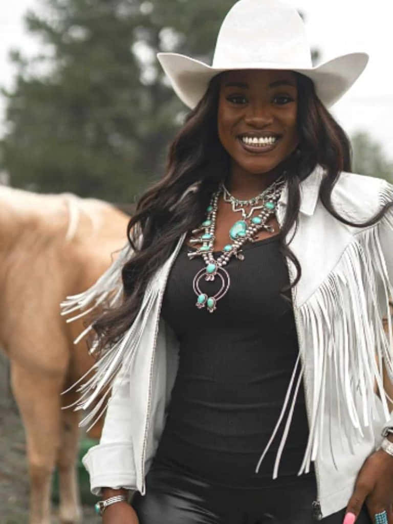 modern cowgirl chic, white cowboy hat, fringed jacket, SD Phone Wallpaper
