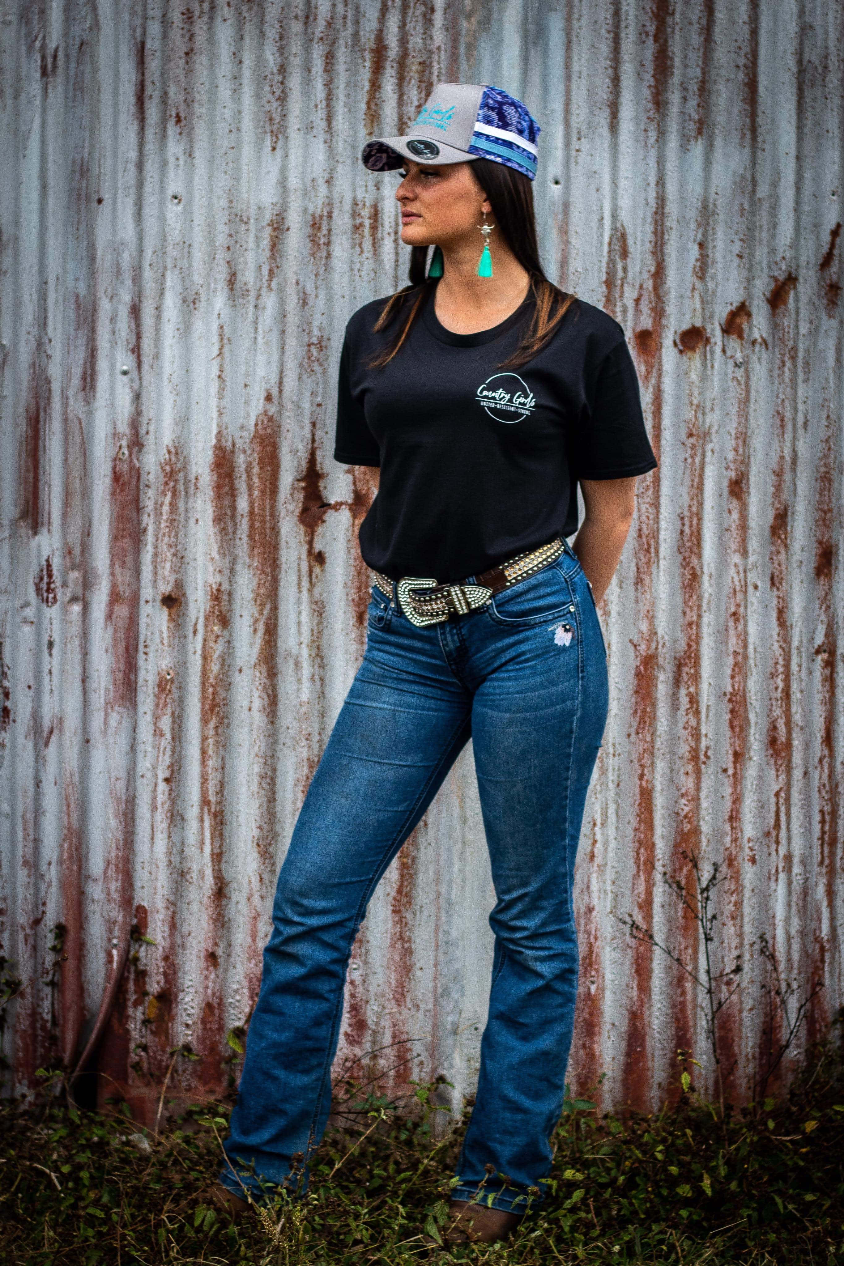 Country Girl, black tshirt, blue jeans, 4K Phone Wallpaper