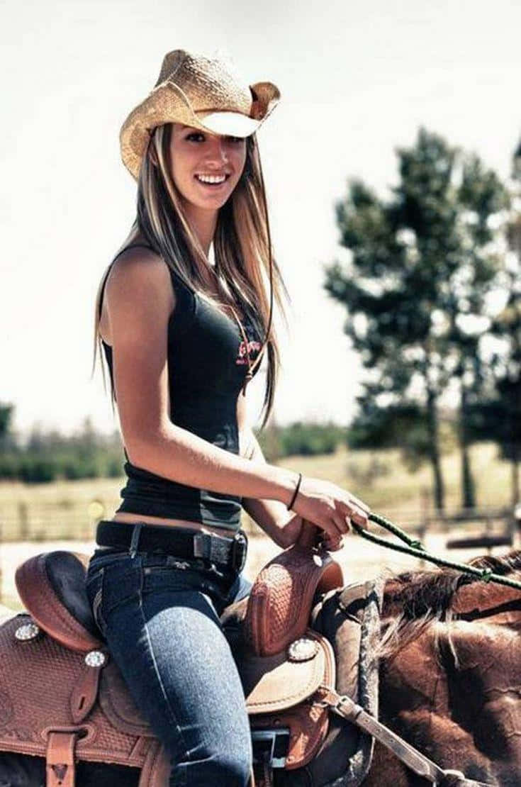 country girl, straw cowboy hat, brown horse, SD Phone Wallpaper