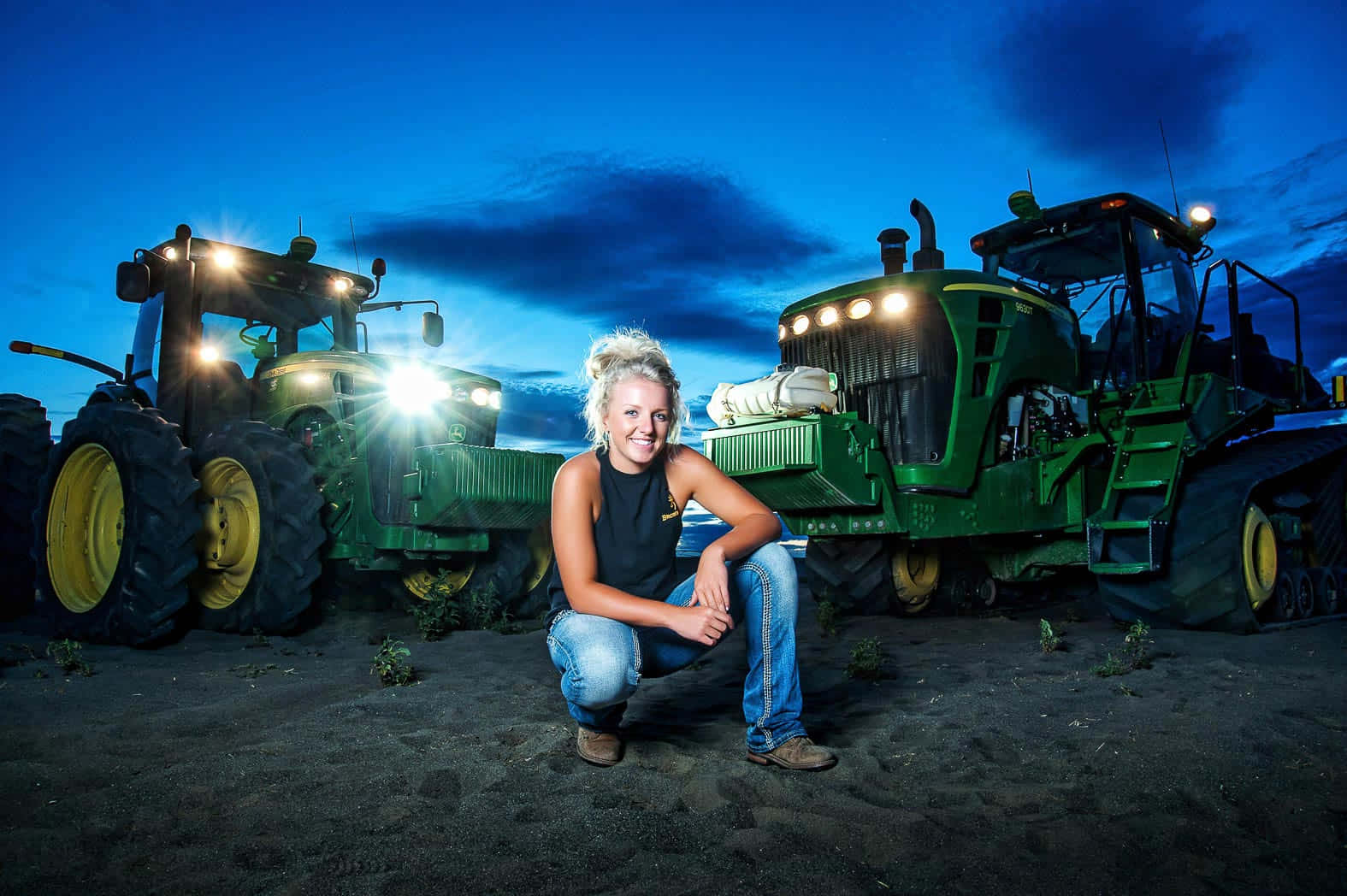 Country Girl, green tractors, twilight sky, HD Desktop Wallpaper