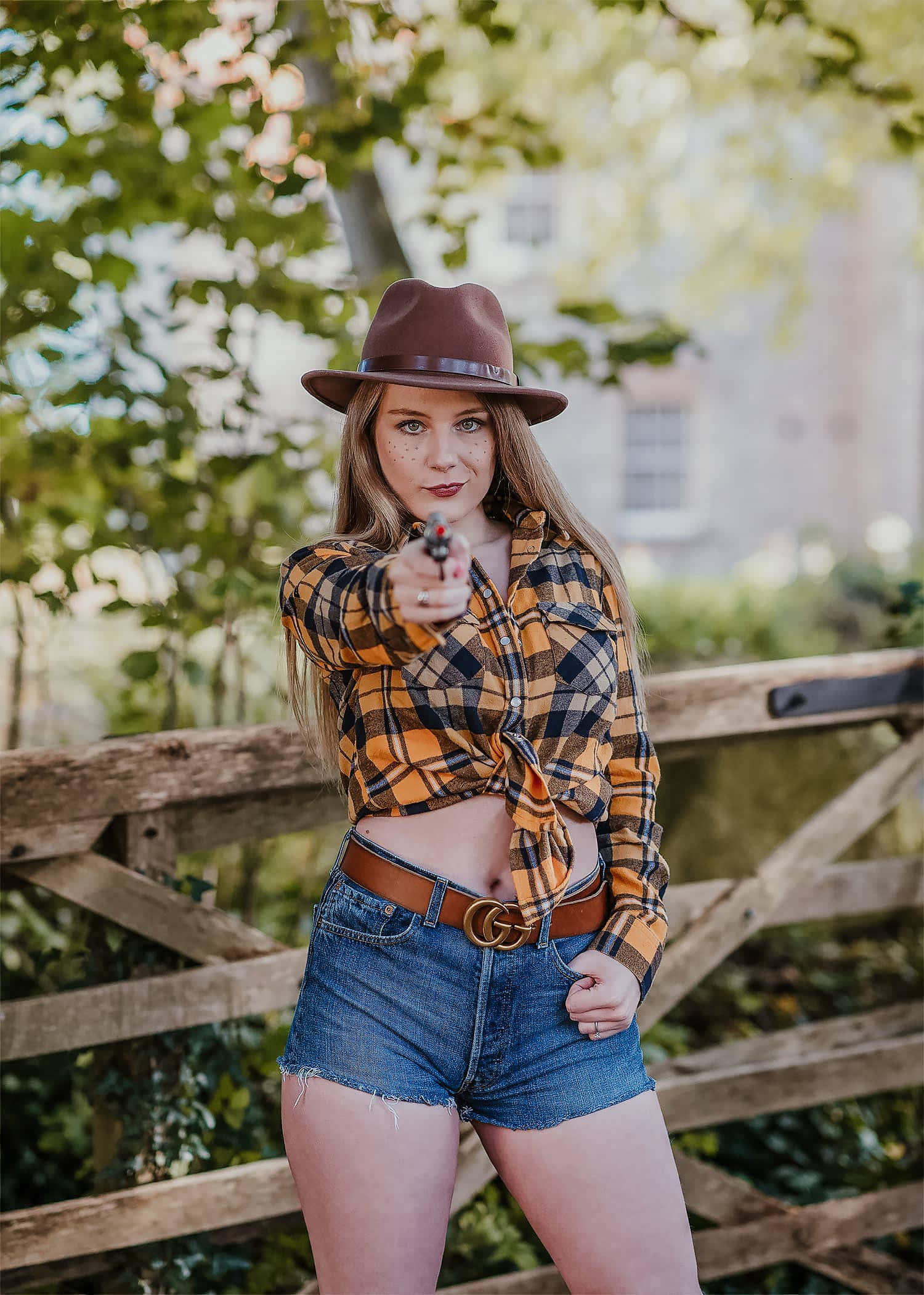 country girl, brown fedora, plaid shirt, Full HD Phone Wallpaper