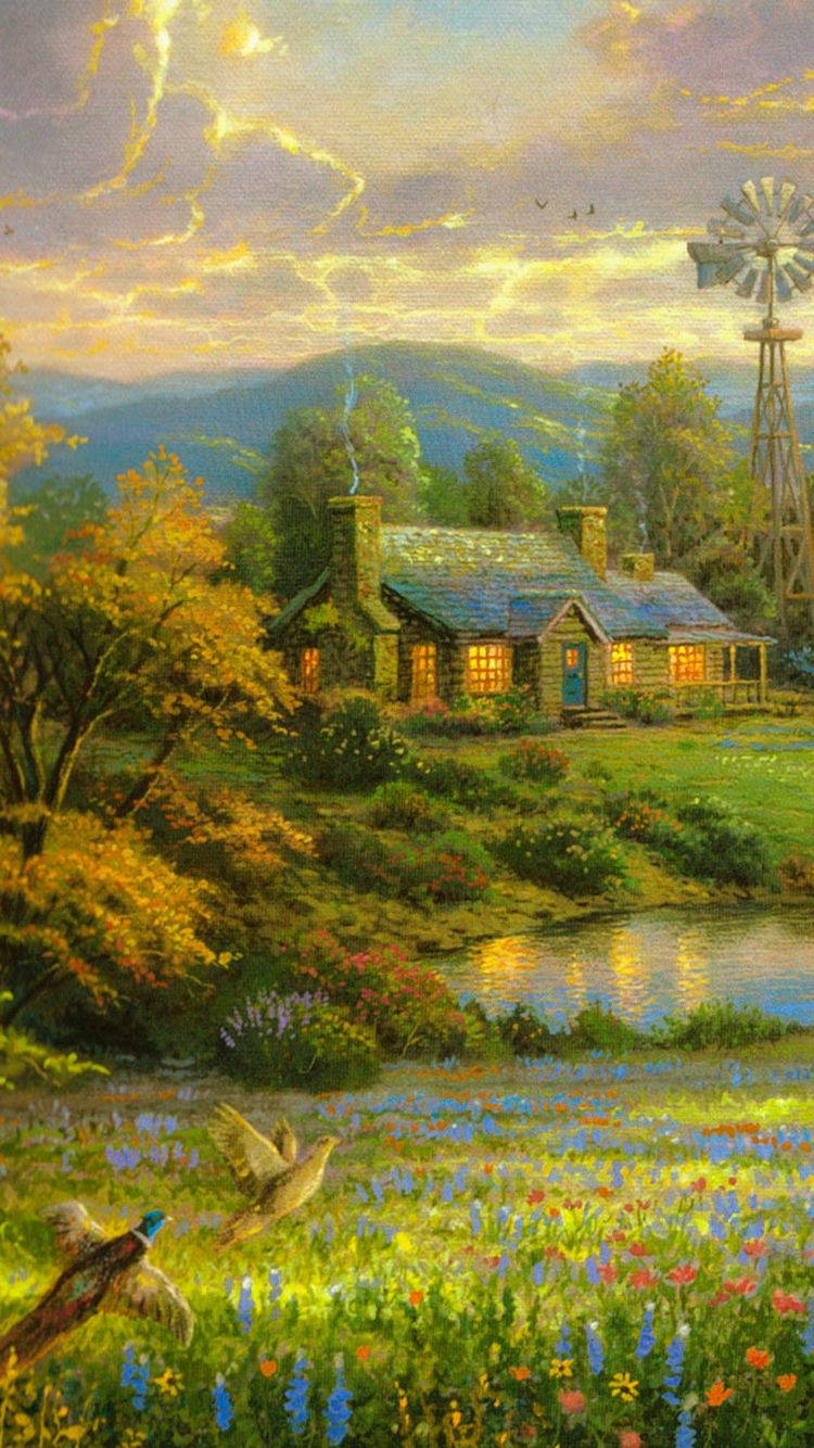 Country iPhone, stone cottage, river, HD Phone Wallpaper