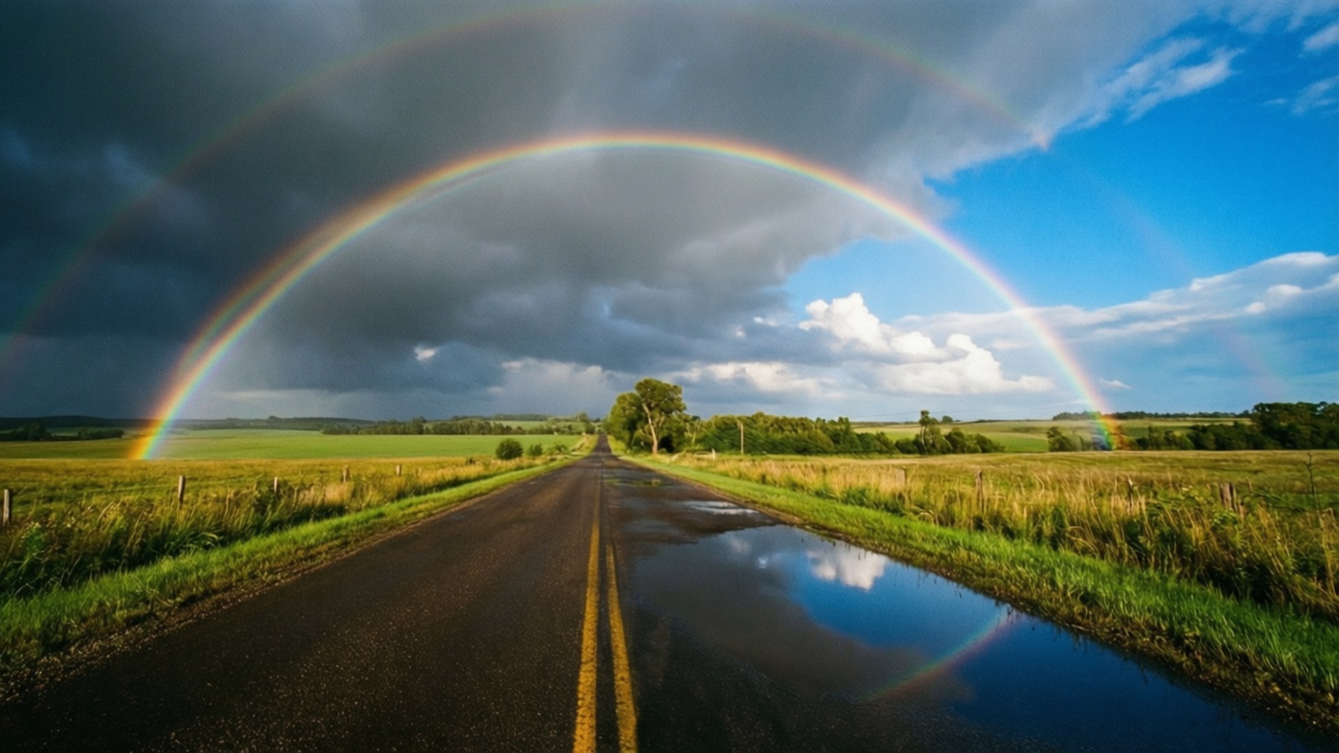 rainbow, country road, rainstorm, Full HD Desktop Wallpaper