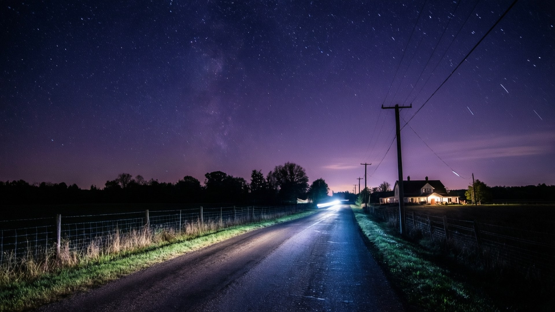 Starry Night Farm Road, night time country road, stars, Full HD Desktop Wallpaper