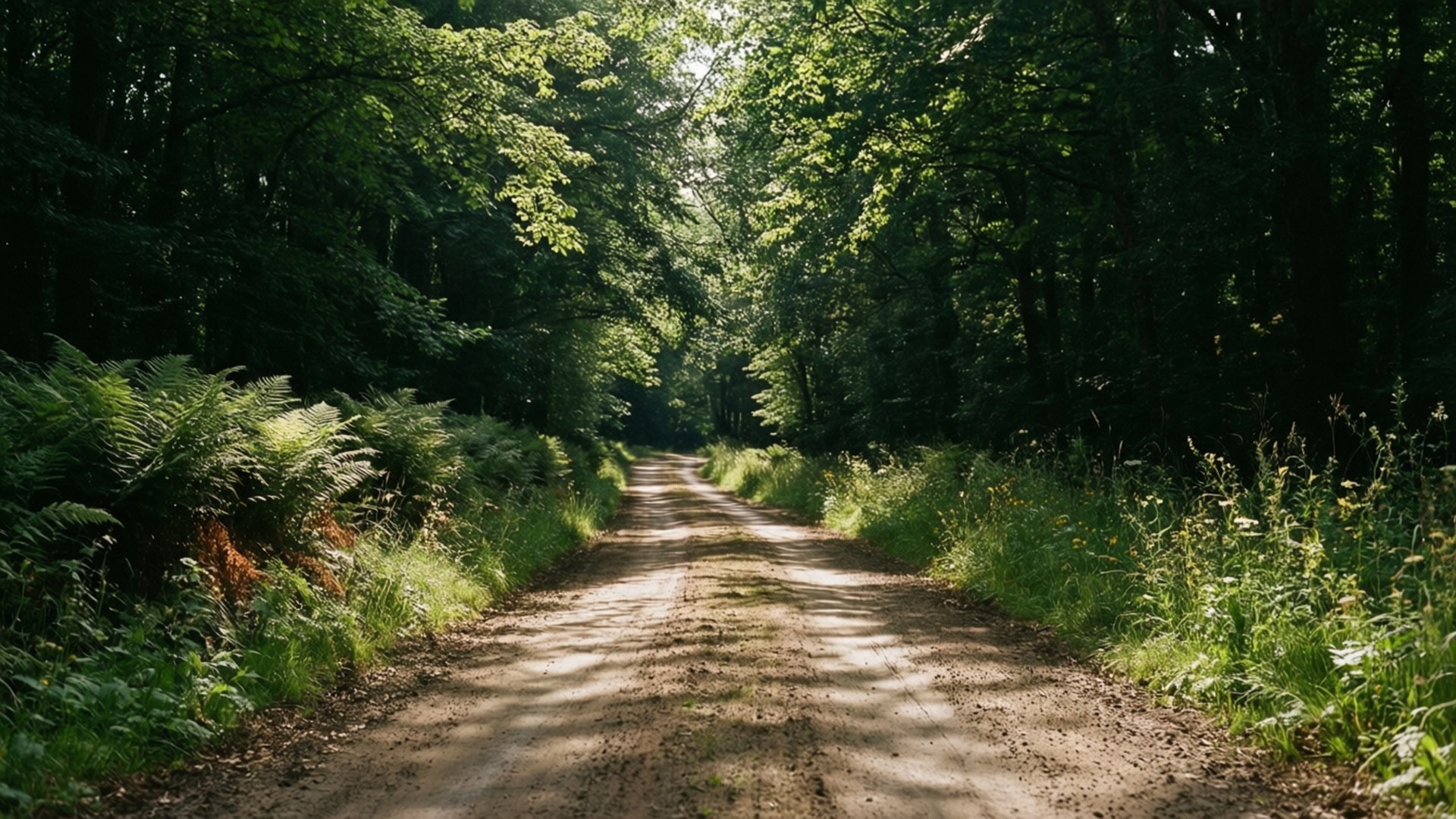 Forest Canopy Road, wooded country road, dappled sunlight, Full HD Desktop Wallpaper