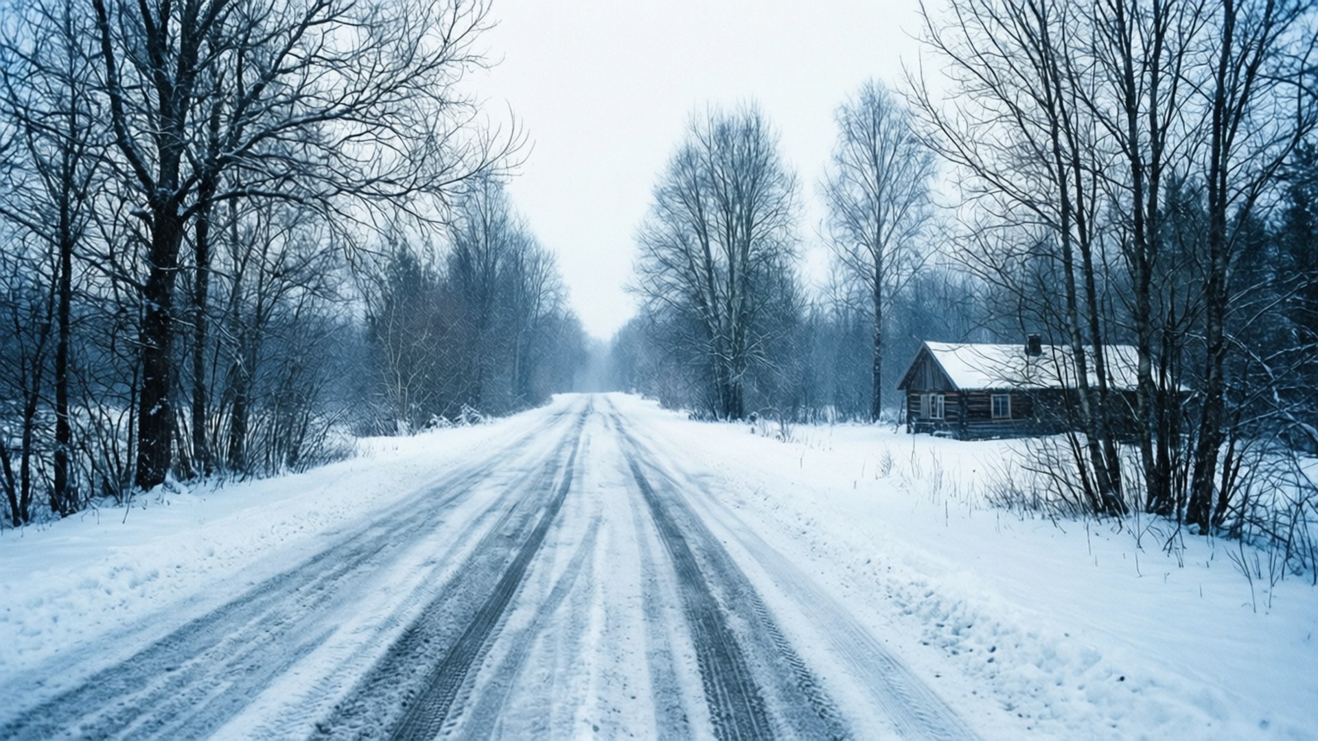 winter road, cabin, snow-covered road, Full HD Desktop Wallpaper