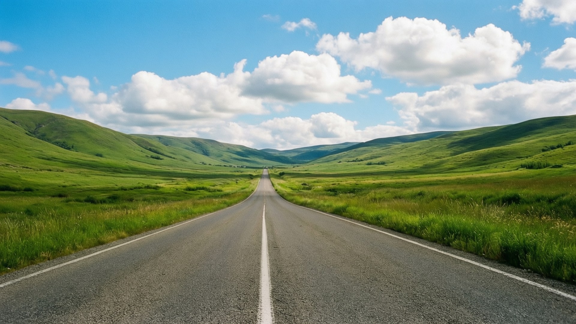 endless green hills, asphalt road, rolling green hills, Full HD Desktop Wallpaper