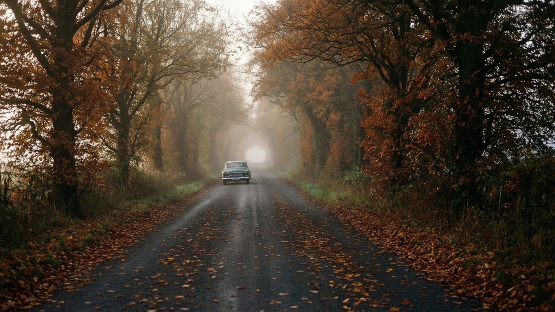 autumn mist, misty autumn road, vintage car, Full HD Desktop Wallpaper