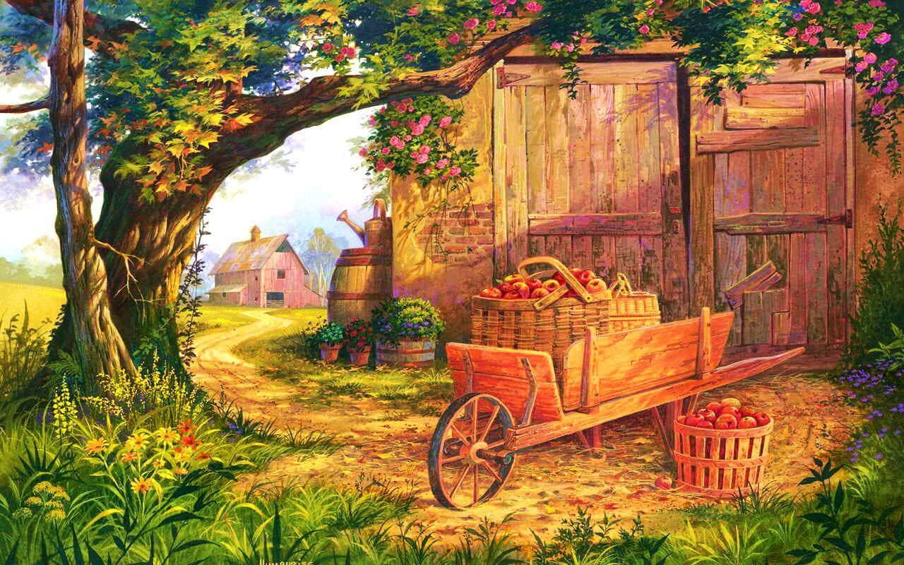 rustic wooden cart, red apples, weathered barn door, HD Desktop Wallpaper
