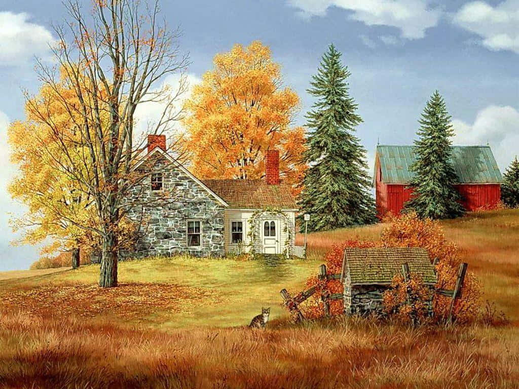 stone farmhouse, red barn, autumn woods, SD Desktop Wallpaper