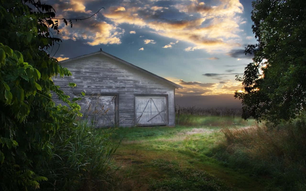 wooden barn, grassy field, sunset, HD Desktop Wallpaper