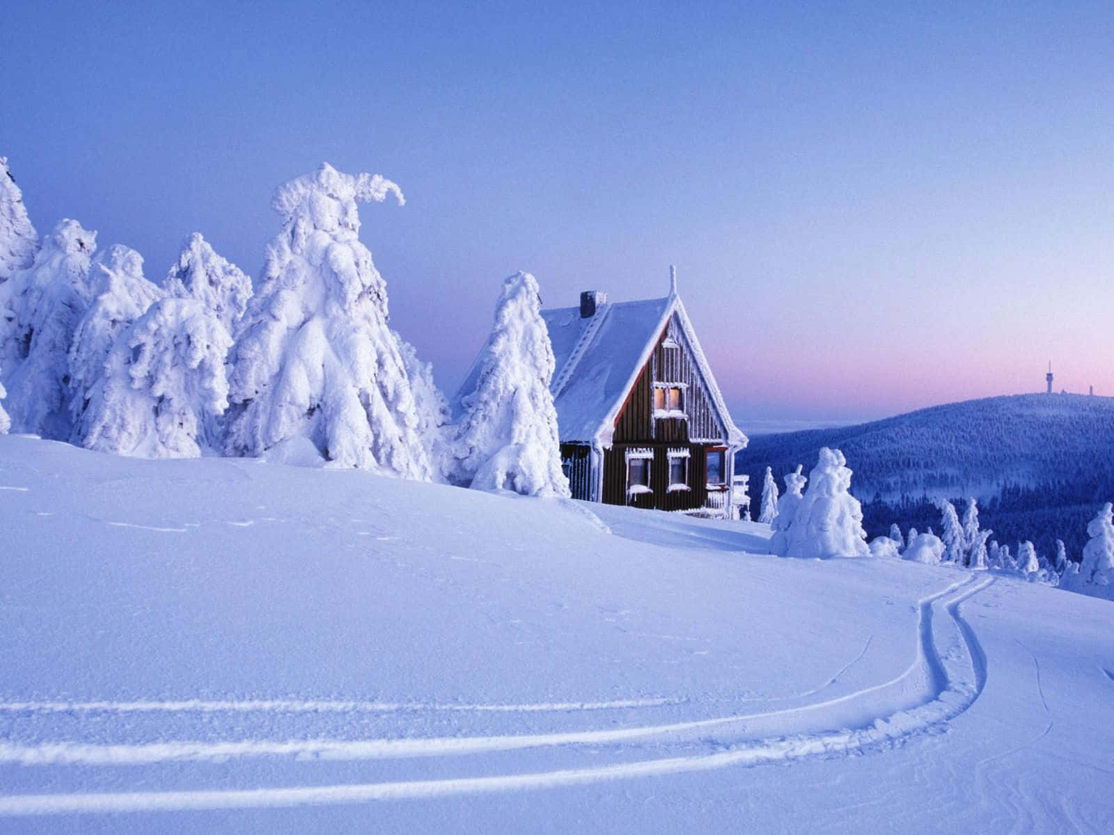 wooden cabin, snow-covered forest, twilight, HD Desktop Wallpaper