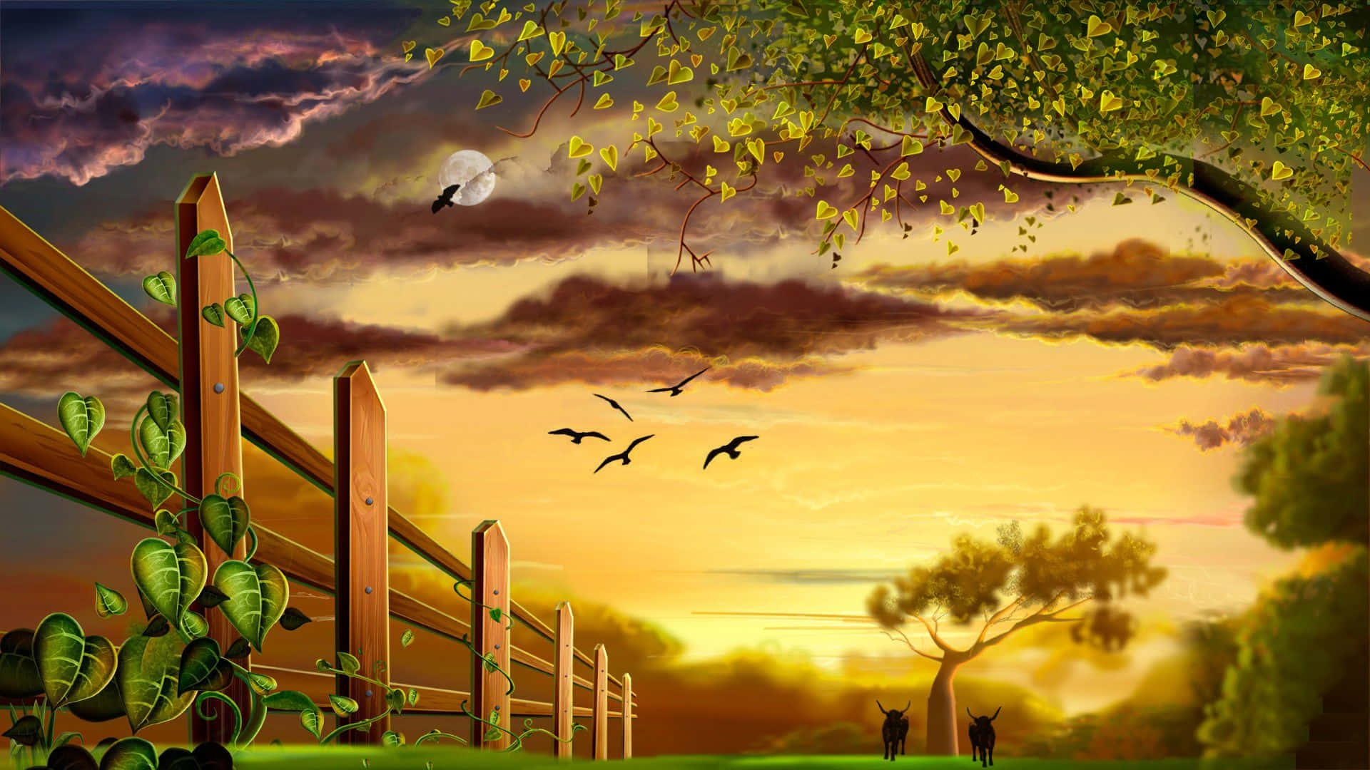 sunset, wooden fence, climbing vines, Full HD Desktop Wallpaper