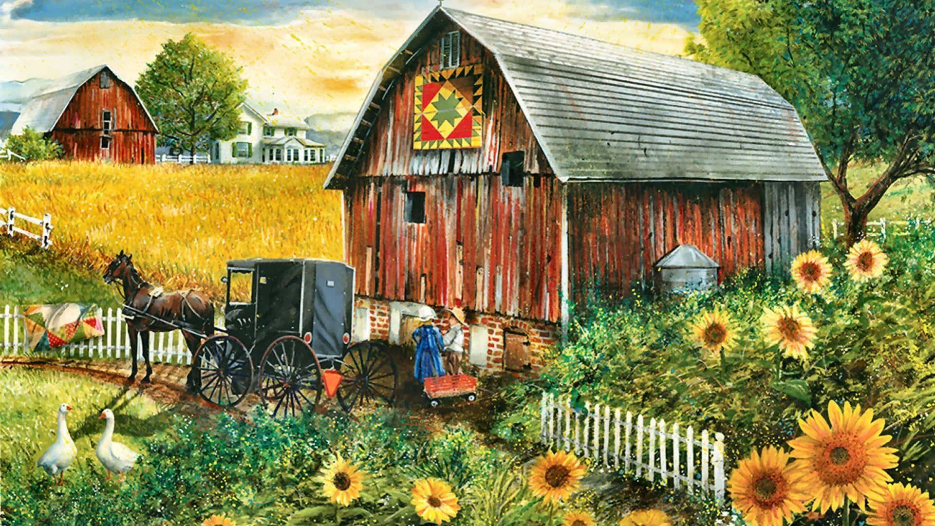rustic red barn, quilted star pattern, horse-drawn buggy, Full HD Desktop Wallpaper