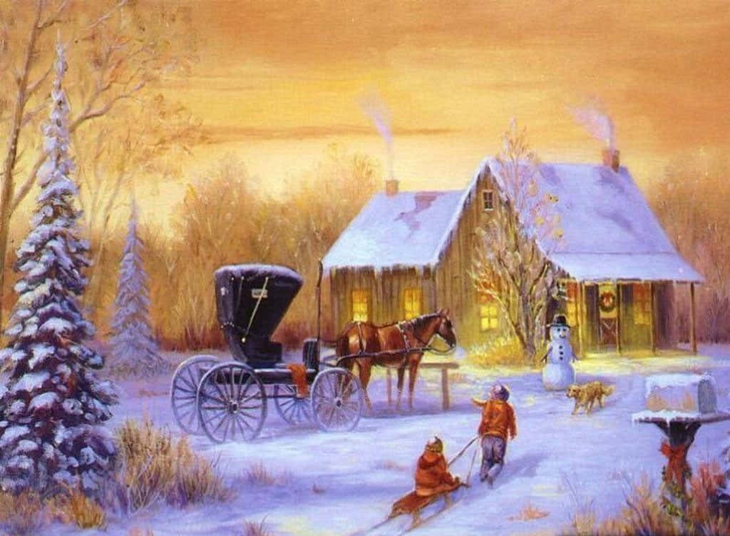 Winter Snow House, cozy cabin, horse and carriage, SD Desktop Wallpaper