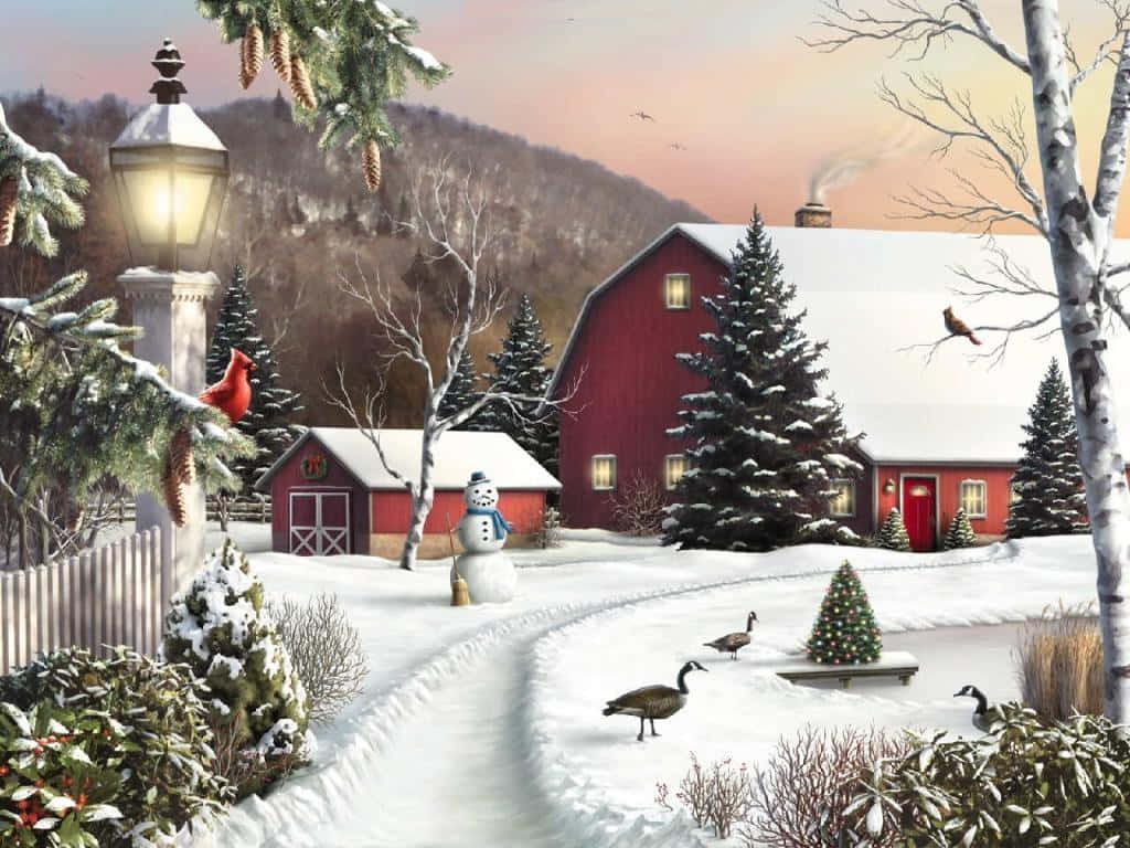 red barn, snowman, snow-covered path, SD Desktop Wallpaper