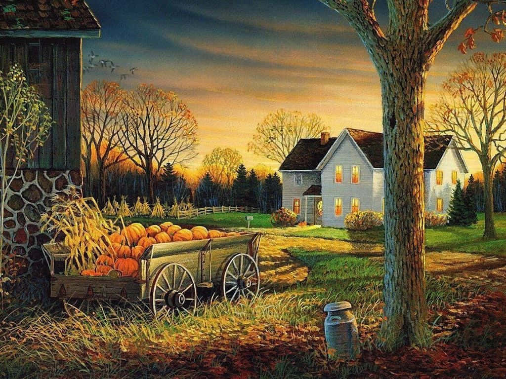 rustic farm wagon, pumpkins, cozy farmhouse, SD Desktop Wallpaper
