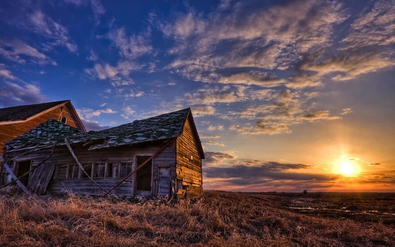 abandoned wooden barn, dry field, sun sets, HD Desktop Wallpaper