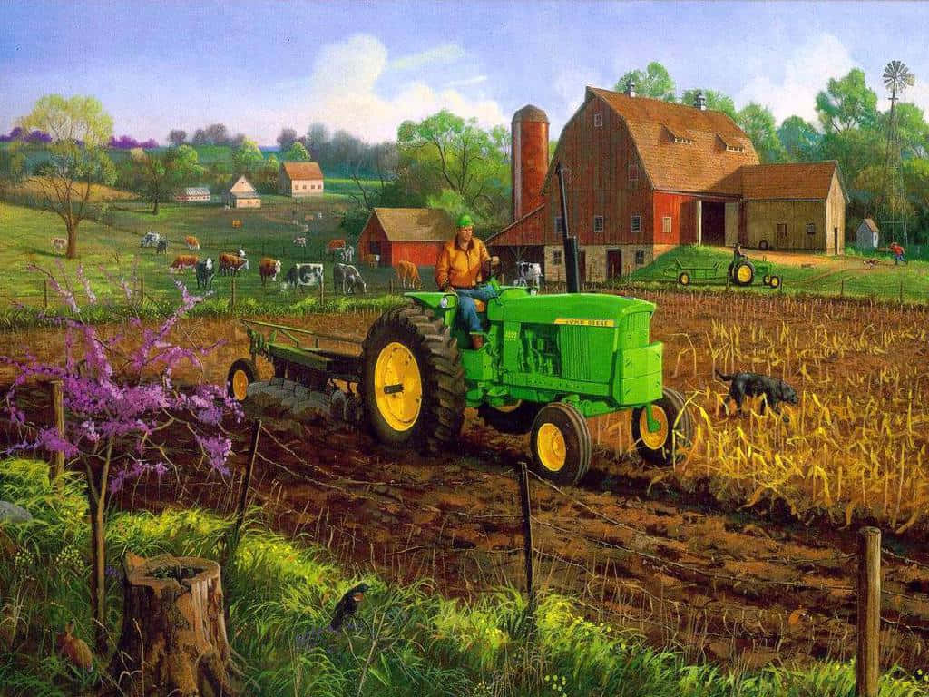 green John Deere tractor, tilled field, red barn, SD Desktop Wallpaper