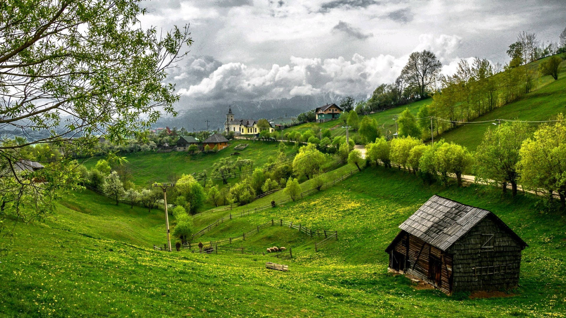 Country Summer, green fields house, vibrant green hillside, Full HD Desktop Wallpaper