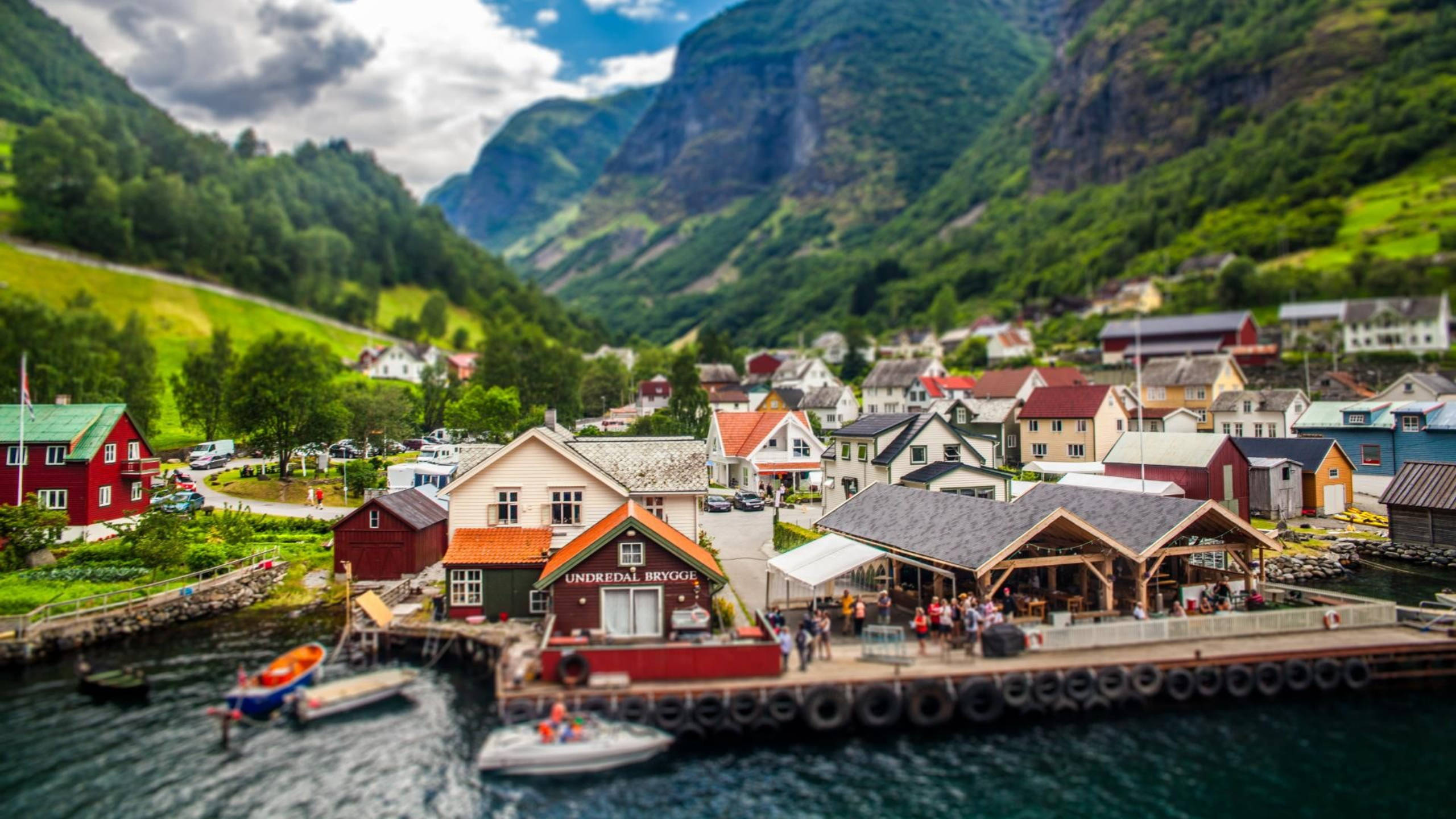 Country Summer, Norwegian village, fjord, 2K Desktop Wallpaper
