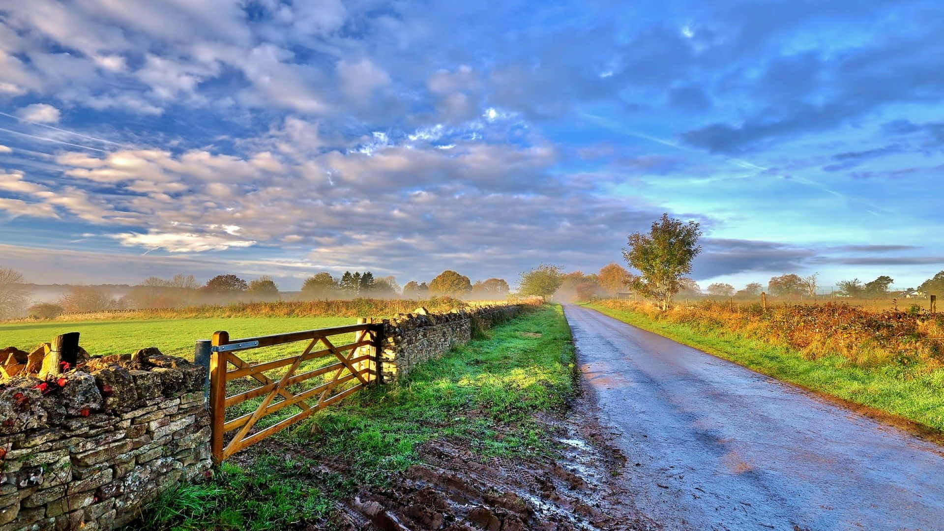 French countryside, rural road, stone wall, Full HD Desktop Wallpaper
