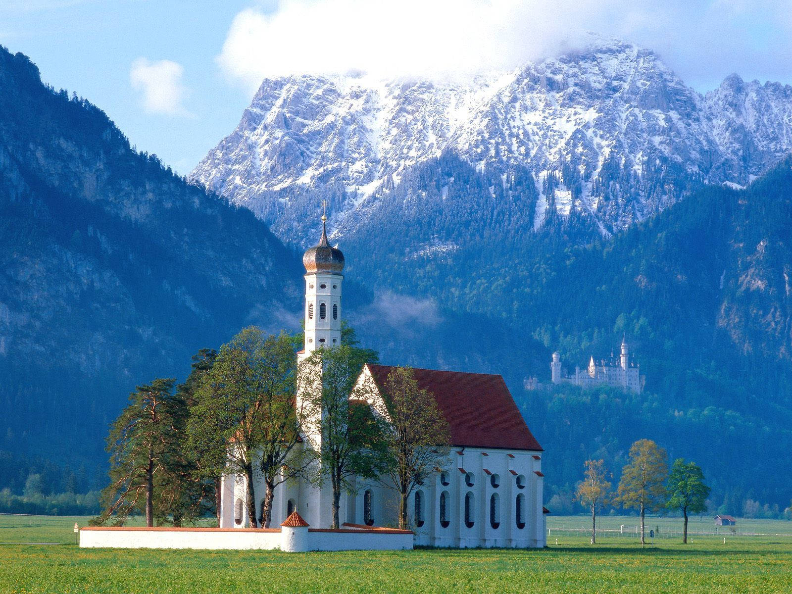 country church, mountains, snow-capped mountains, HD Desktop Wallpaper