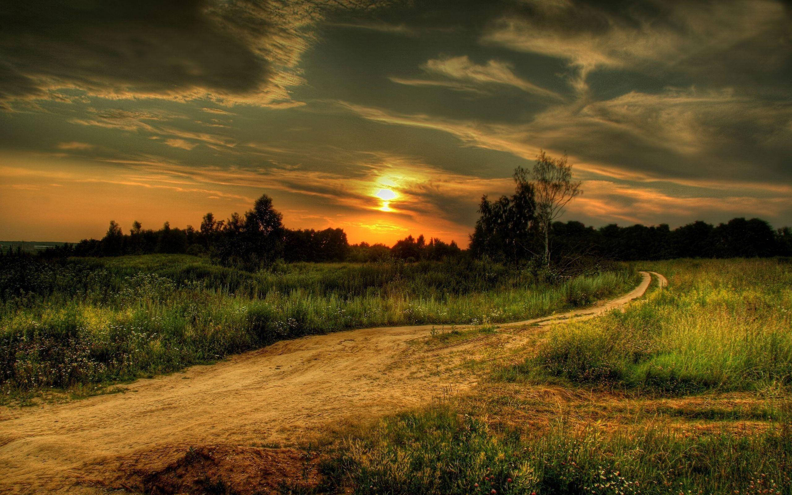 dirt road, country, sunset, 2K Desktop Wallpaper