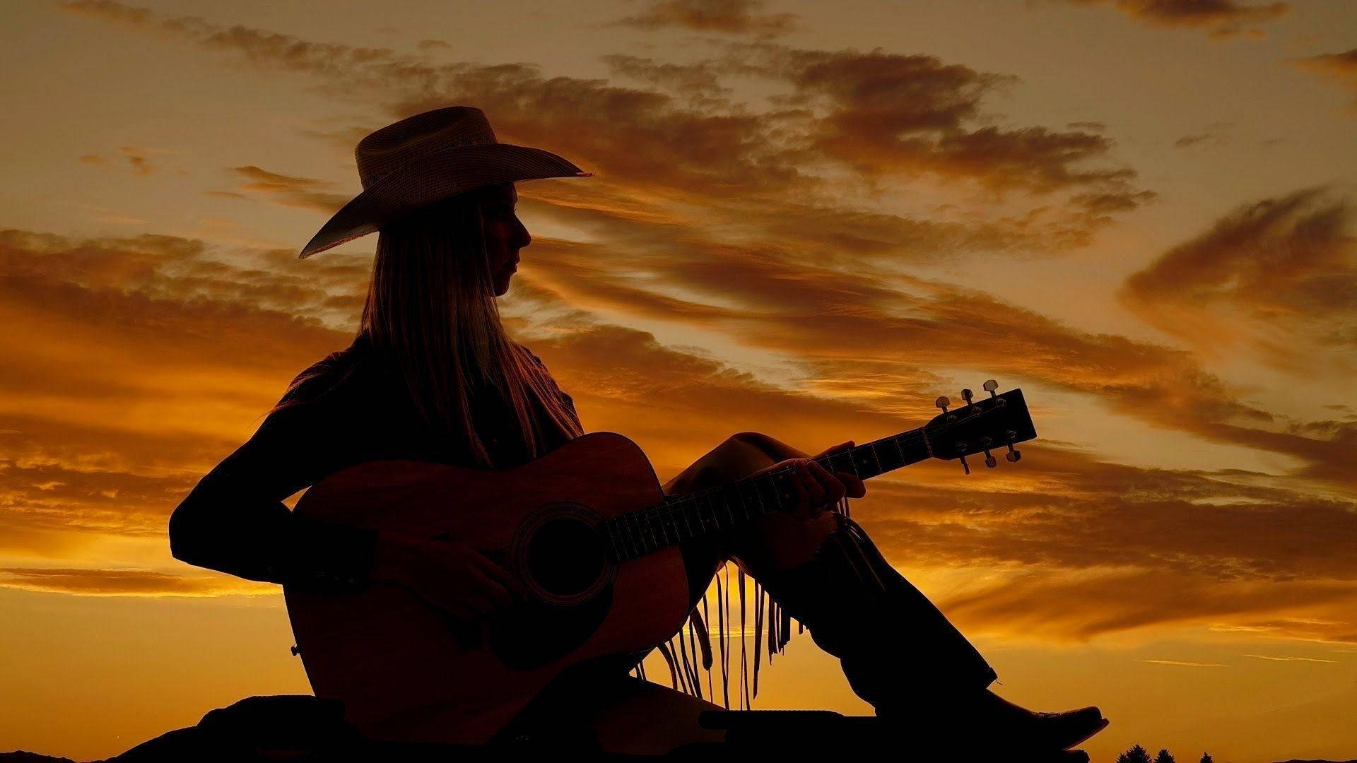 cowgirl guitar, country, sunset, Full HD Desktop Wallpaper