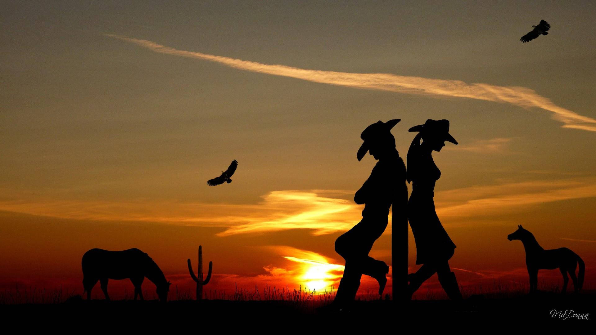 country sunset silhouettes, cowboy, cowgirl, Full HD Desktop Wallpaper
