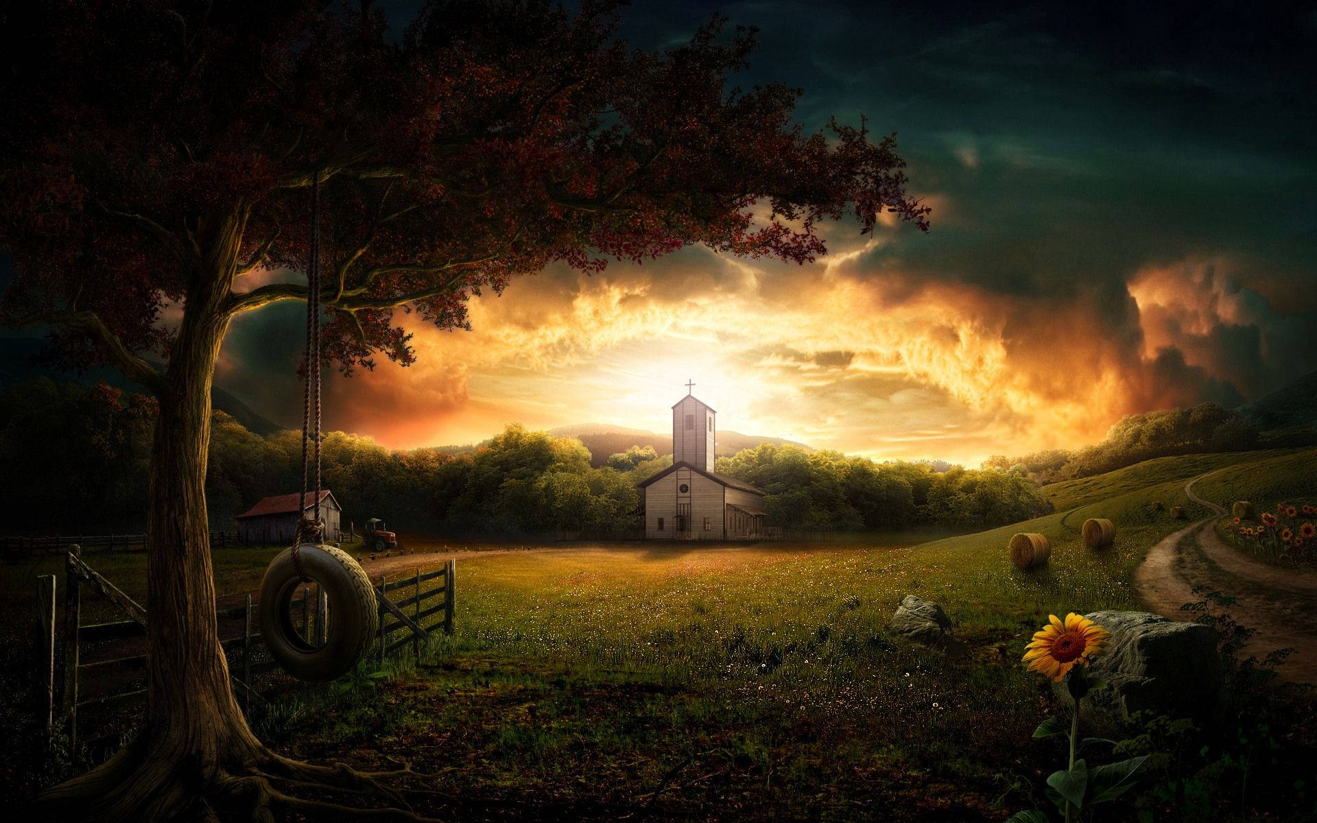 country church, sunset, pastoral field, Full HD Desktop Wallpaper
