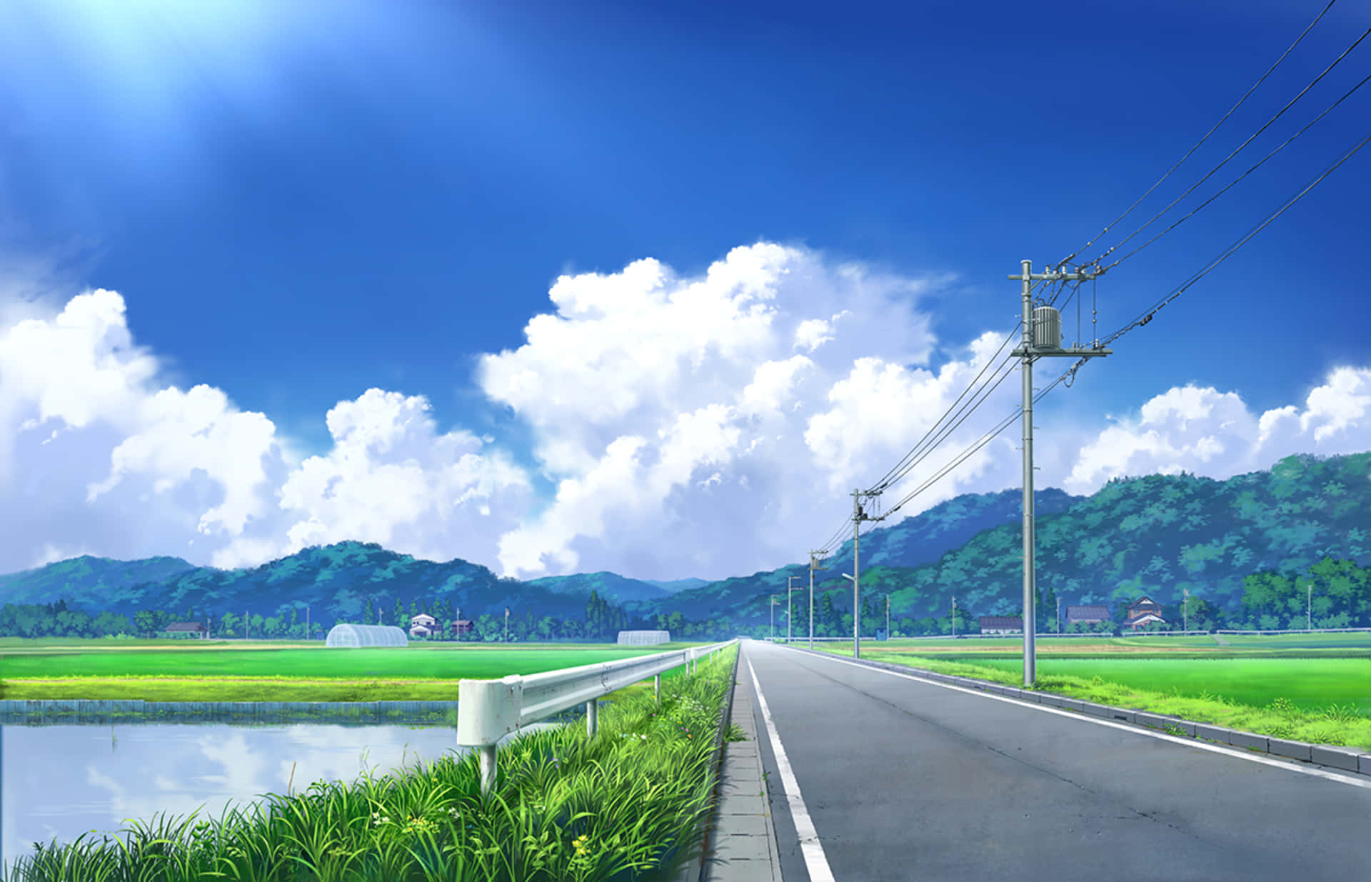 countryside road, lake, vibrant green rice paddies, Full HD Desktop Wallpaper