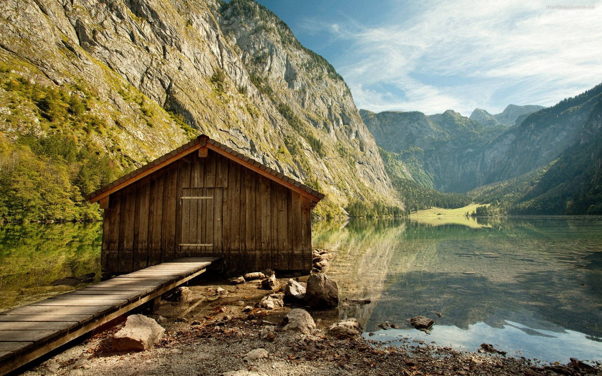 country river cabin, dock, rustic wooden cabin, Full HD Desktop Wallpaper