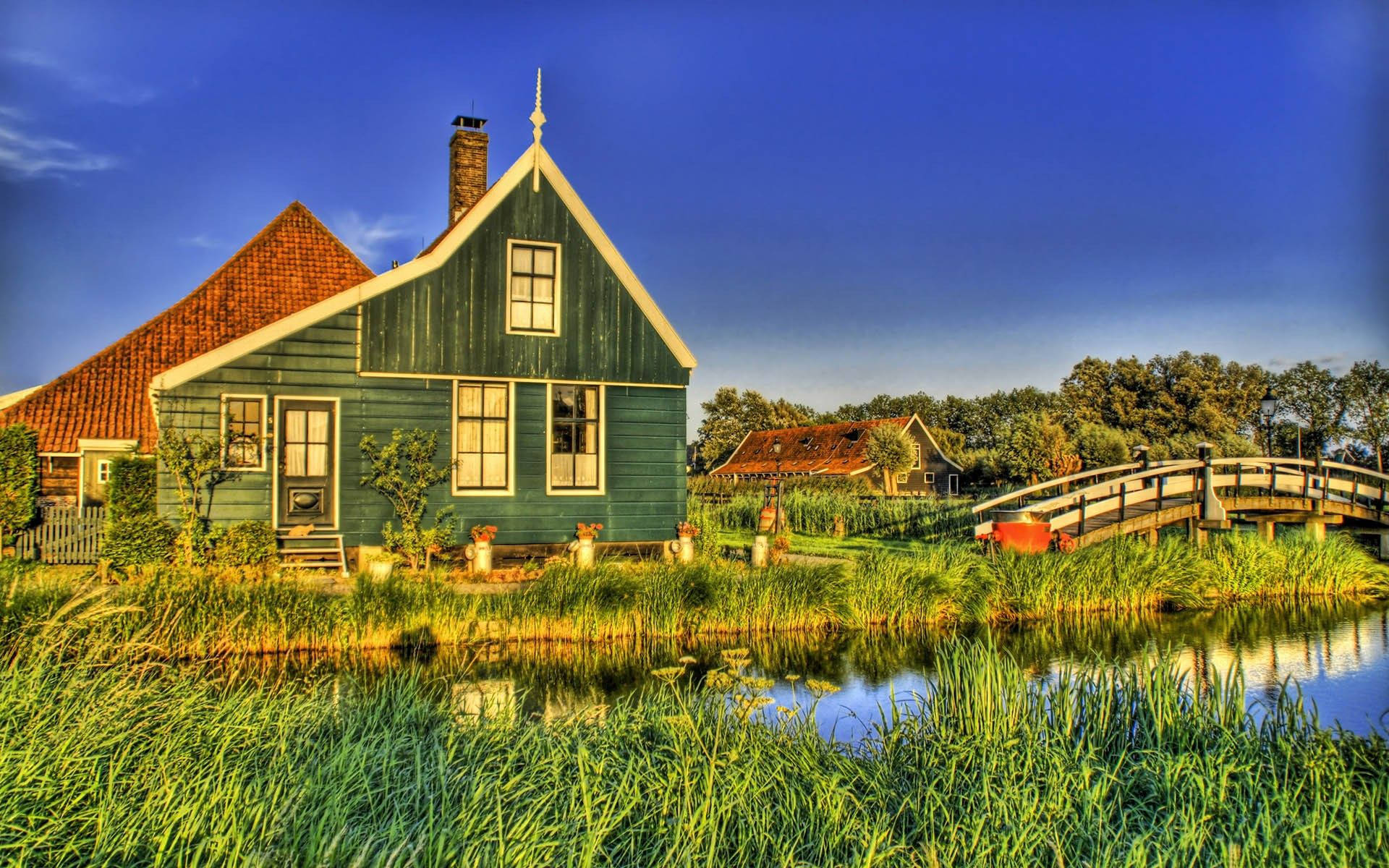 country house, red roof, calm canal, Full HD Desktop Wallpaper