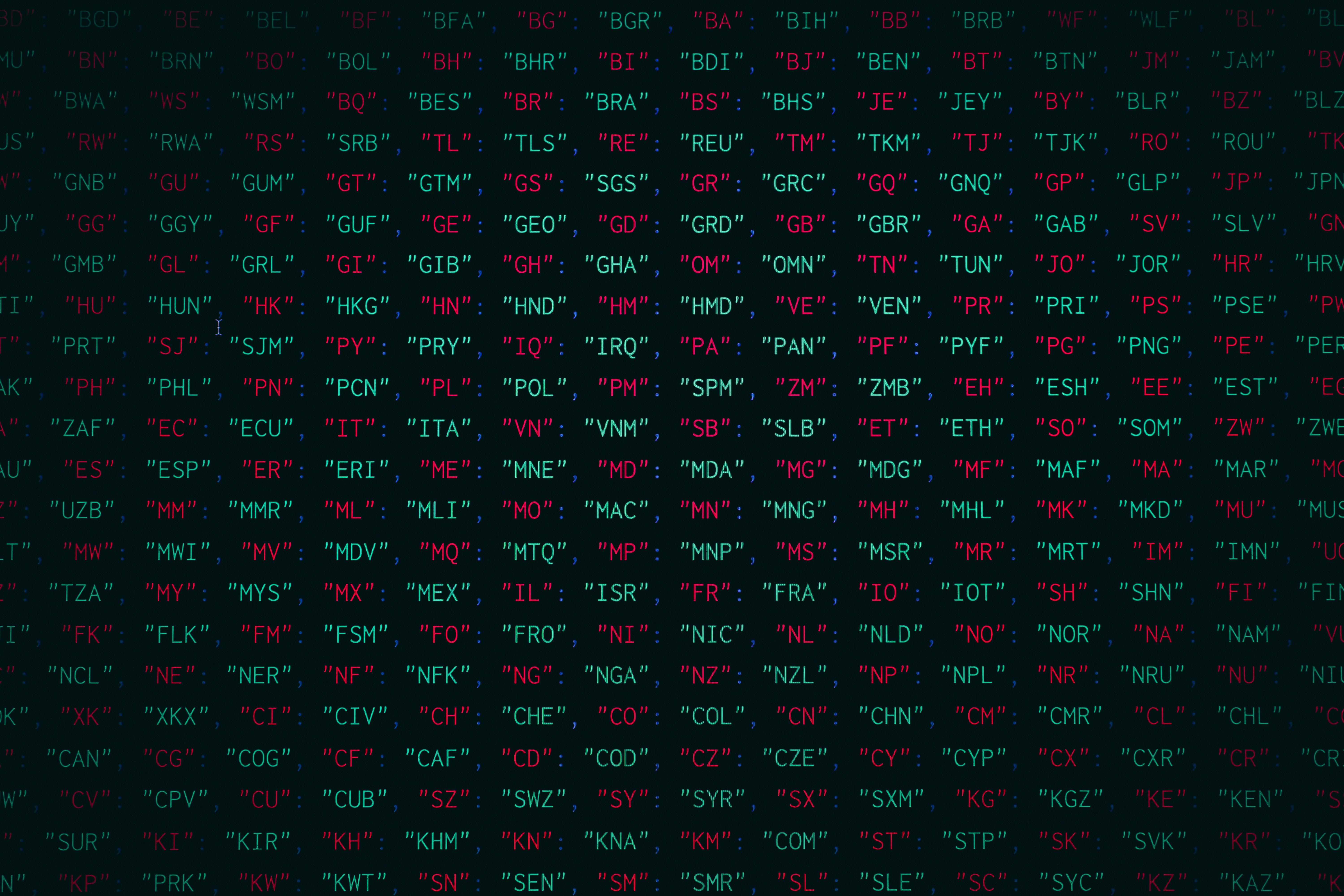 dark teal, glowing multicolored, country codes, 5K Desktop Wallpaper